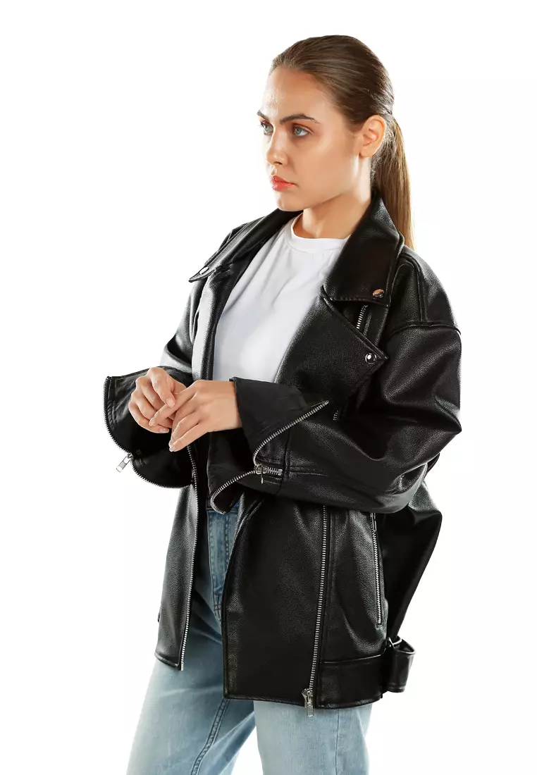 Unisex Belted Oversized Biker Jacket in Black