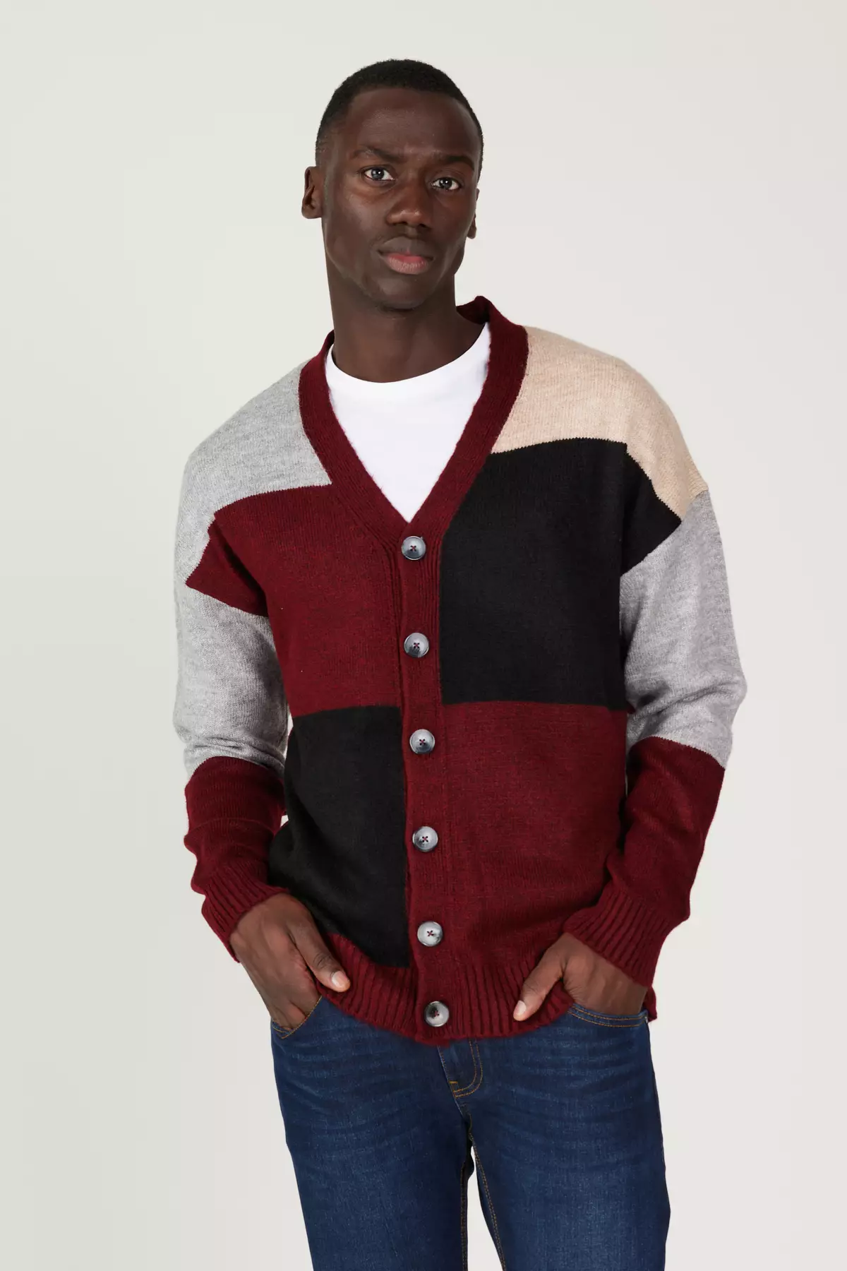 Burgundy-Gray Standard Fit Regular Cut V-Neck Fleece-Lined Soft Textured Knitwear Cardigan