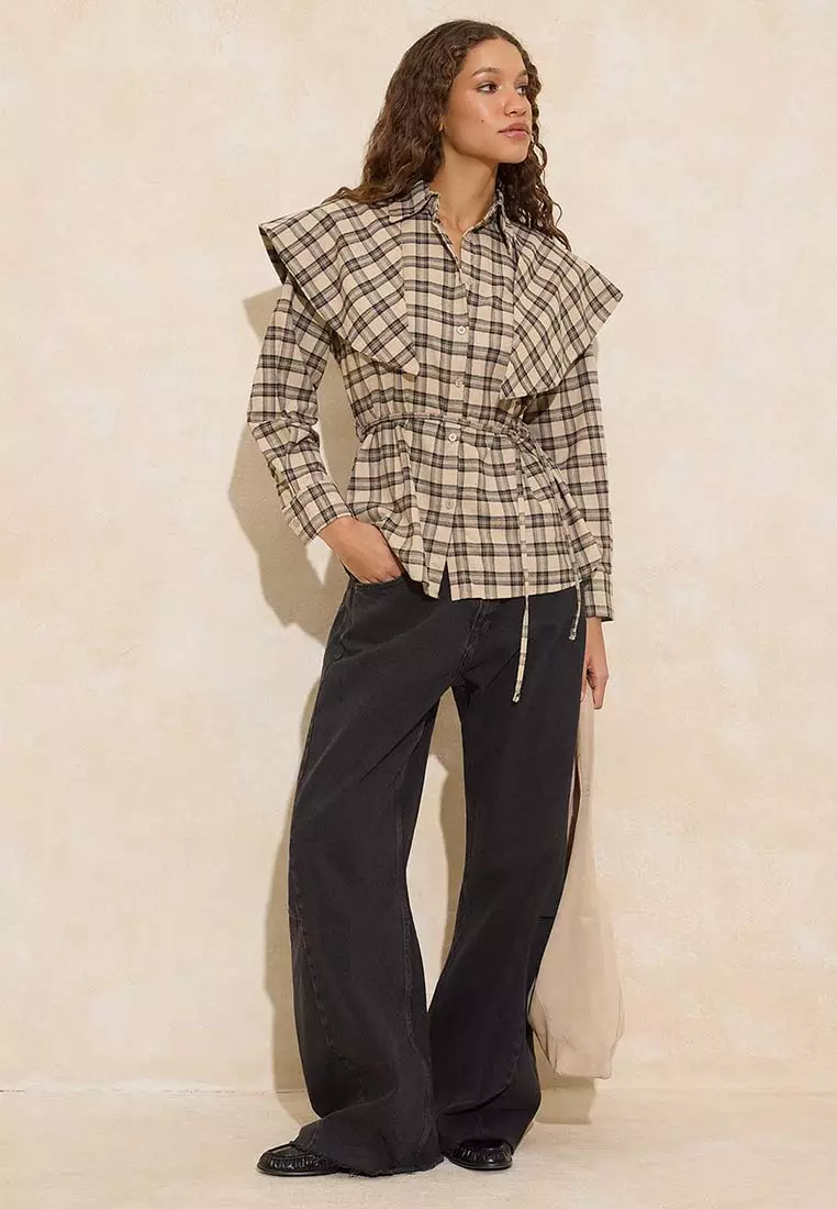 Plaid Detachable Shawl Detailed Shirt