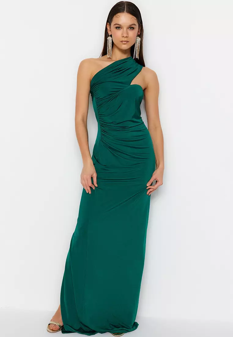 Asymmetrical Ruched Evening Maxi Dress
