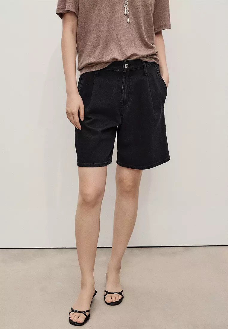 Buy Mango Mid-Rise Denim Bermuda Shorts with Pleats 2025 Online
