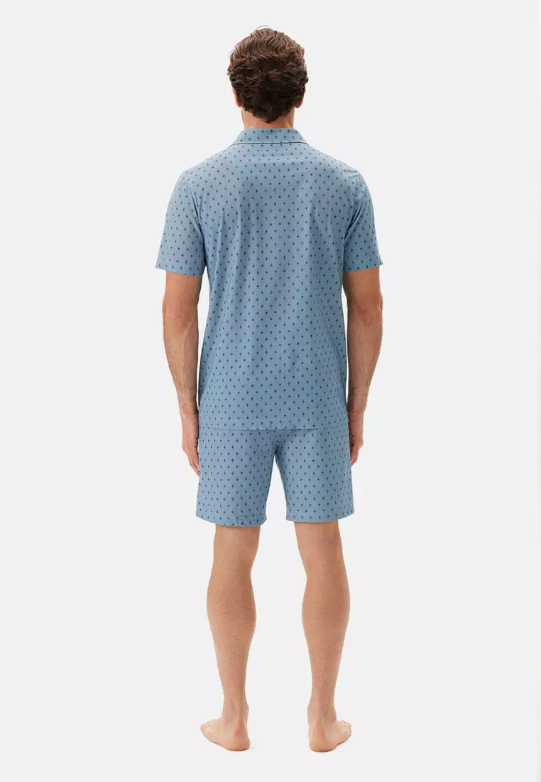 Blue Shirt & Shorts Knitwear Set, Micro Print, Shirt Collar, Regular, Short Leg, Short Sleeve Sleepwear for Men