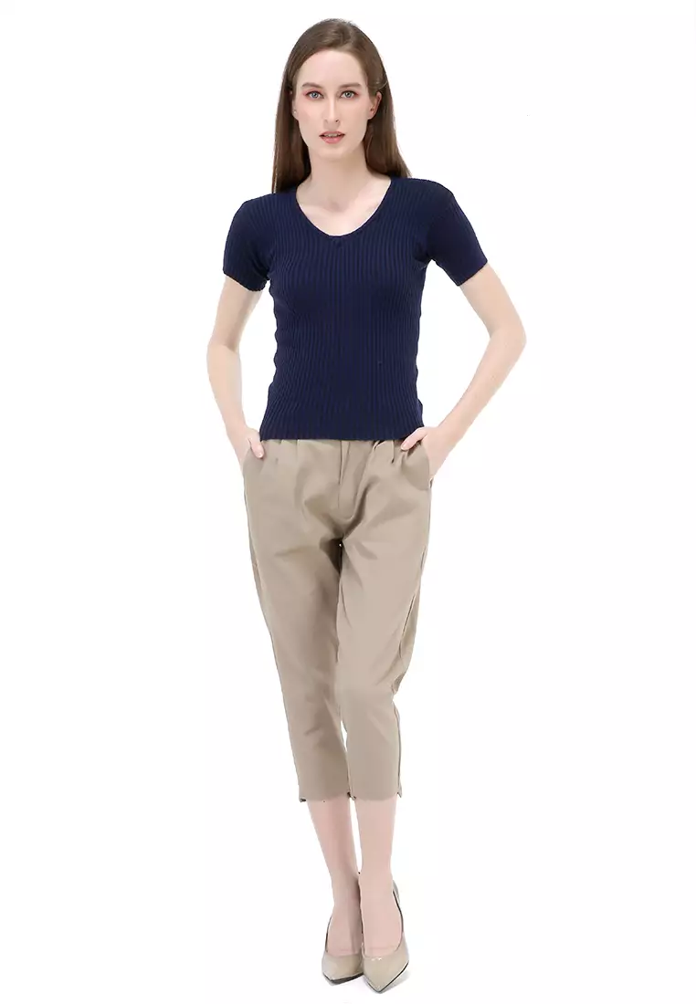 Amora Vneck Rajut Short Sleeves Atasan Casual Wanita - Navy