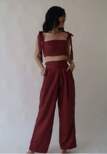 Elina Highwaisted Linen Wide Leg Pants in Red