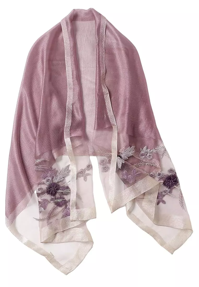 Aksesoris Wanita Golden Thread Embroidery Floral Beaded Silk Shawl Syal Sutra Wanita Bordir Lavender