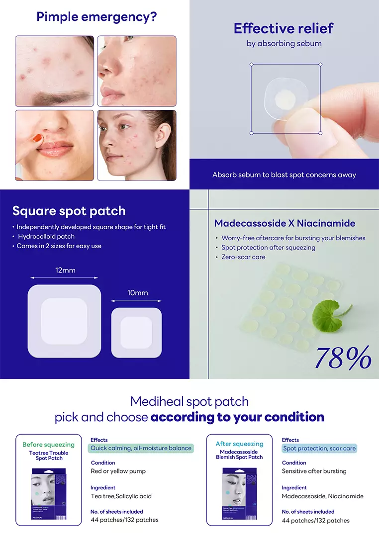 Derma Clear Madecassoside Blemish Spot Patch, 44pcs - Acne Spot Protection,  Spot Fast Healing with Madecassoside & Niacinamide x 2 boxes