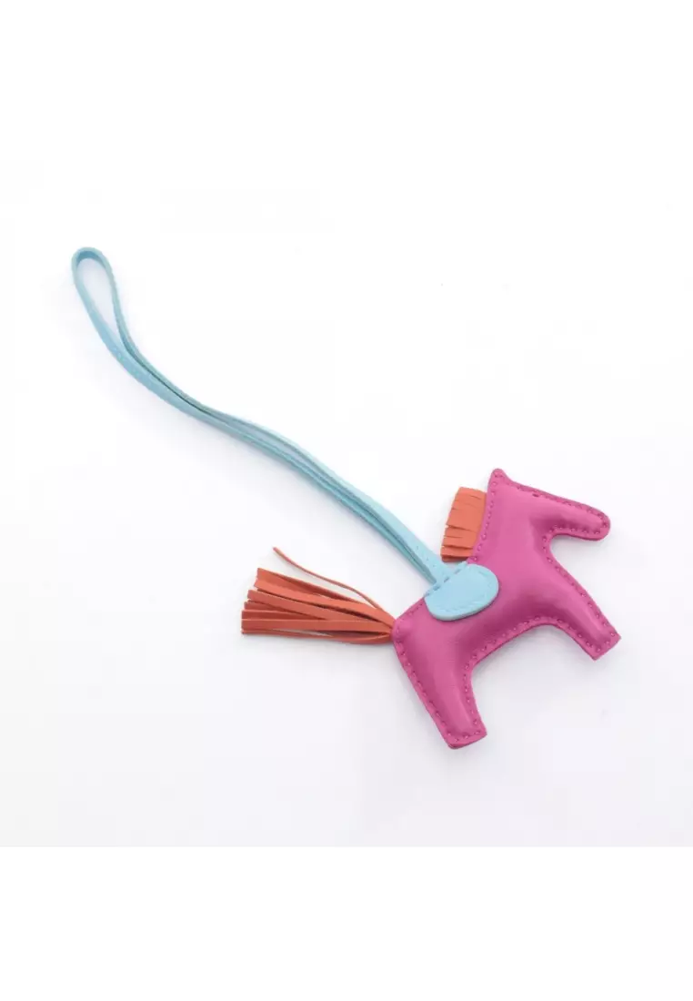Pre-Loved Hermès Rodeo PM rose purple Cornelian Celeste bag charm Aagneau Pink purple Red brown Light blue A stamp