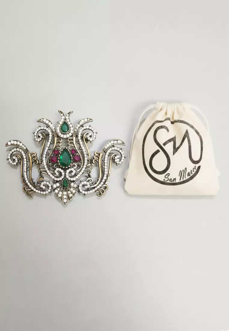 Aksesoris Bros Wanita Amyra Diamente Brooch Green & Gold