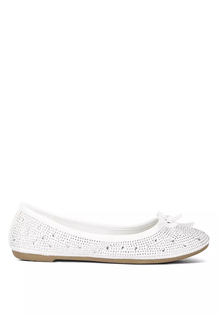 Discount on London Rag  shoes - SKU: Off White Rhinestones Embellished Ballet Flats