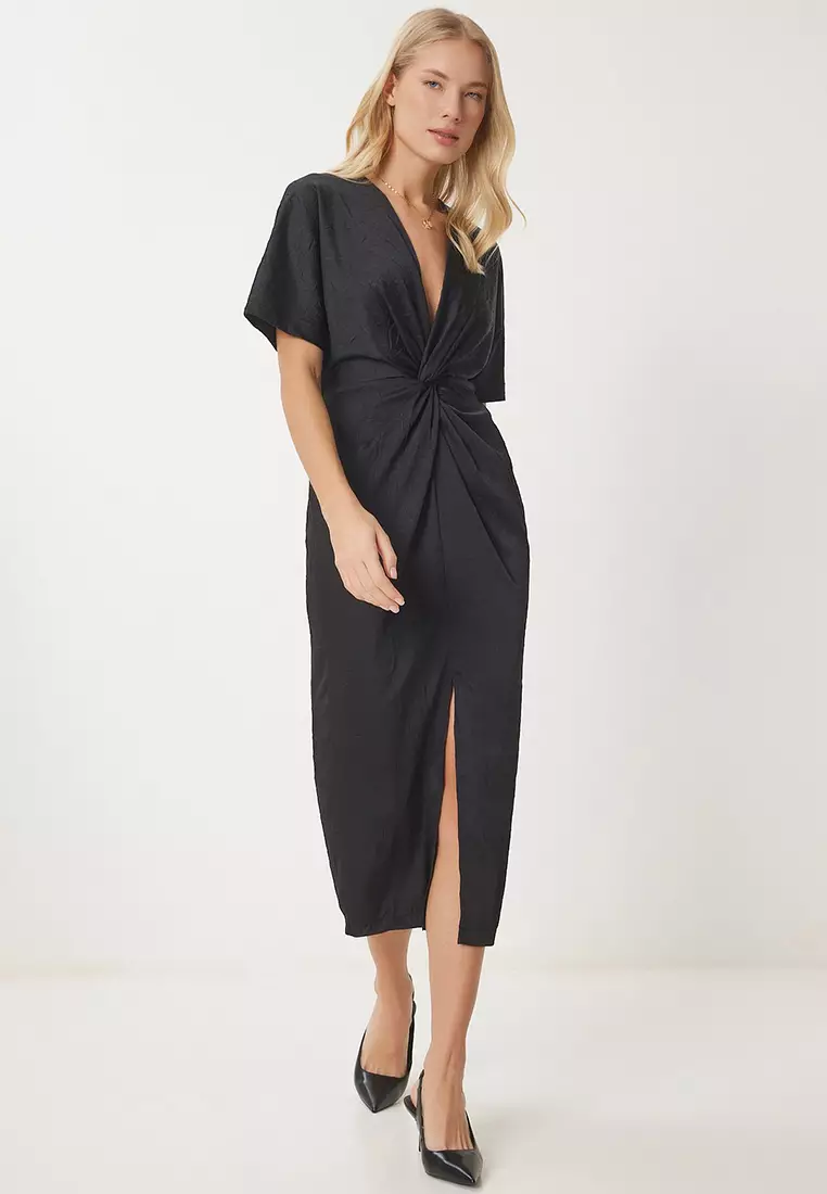 Crinkle Effect Knotted Midi Dress