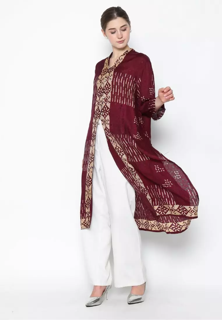 Rinjanie Batik - Outer Tunik Belah Red Wine - Dress Outer Unik - Dress Batik Kekinian - Batik kawung - Megamendung - Batik Parang - Batik Fit Hijab dan Non hijab - TUBL - RW