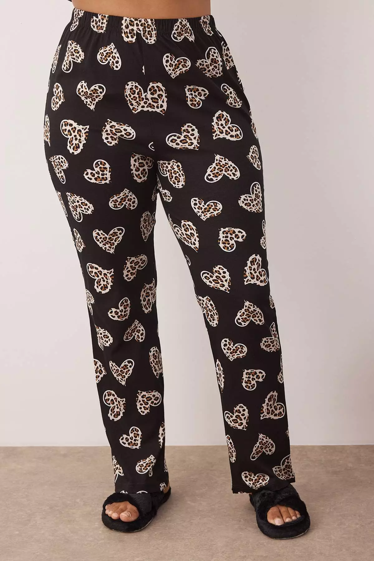 Black 100% Cotton Heart & Leopard Patterned Shirt-Pants Knitted Pajama Set Tbbaw26Ai00017