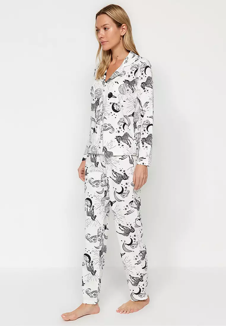 White 100% Cotton Patterned Shirt-Pants Knitted Pajama Set THMAW24PT00002