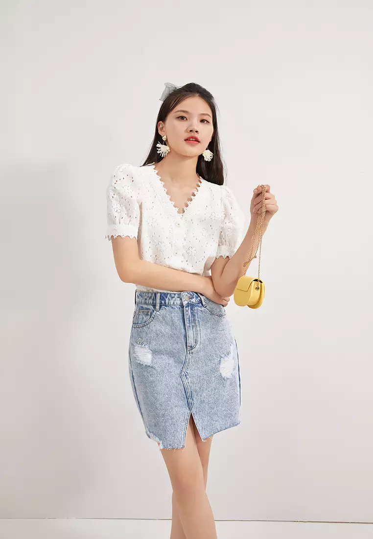 Acid Wash Front Slit Denim Short Skirt