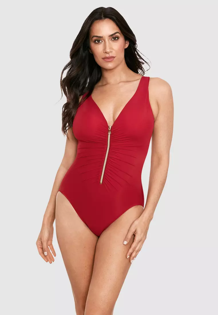 Red one piece swimsuit with zipper sale