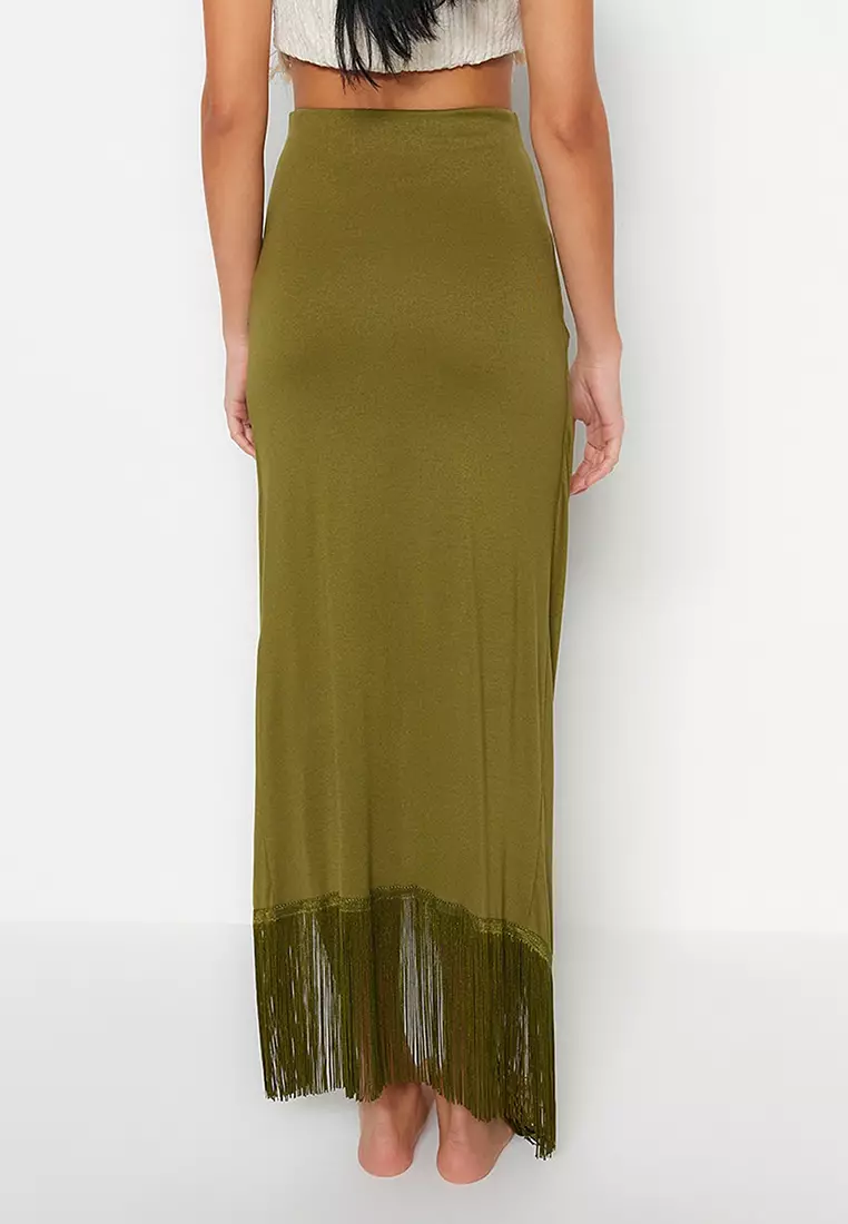 Green maxi skirt with fringe discount