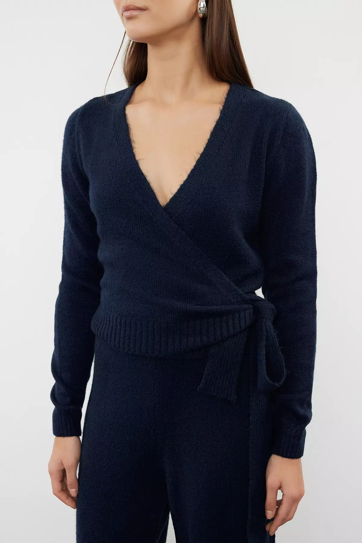 Petrol Crop Wide Pattern Double Breasted Tie Detailed Knitwear Top-Bottom Set