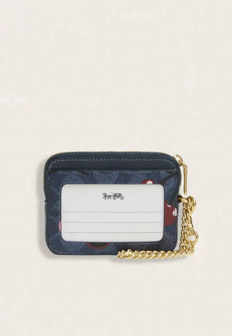 Coach Zip Card Case In Signature Canvas With Cherry Print Denim Multi
