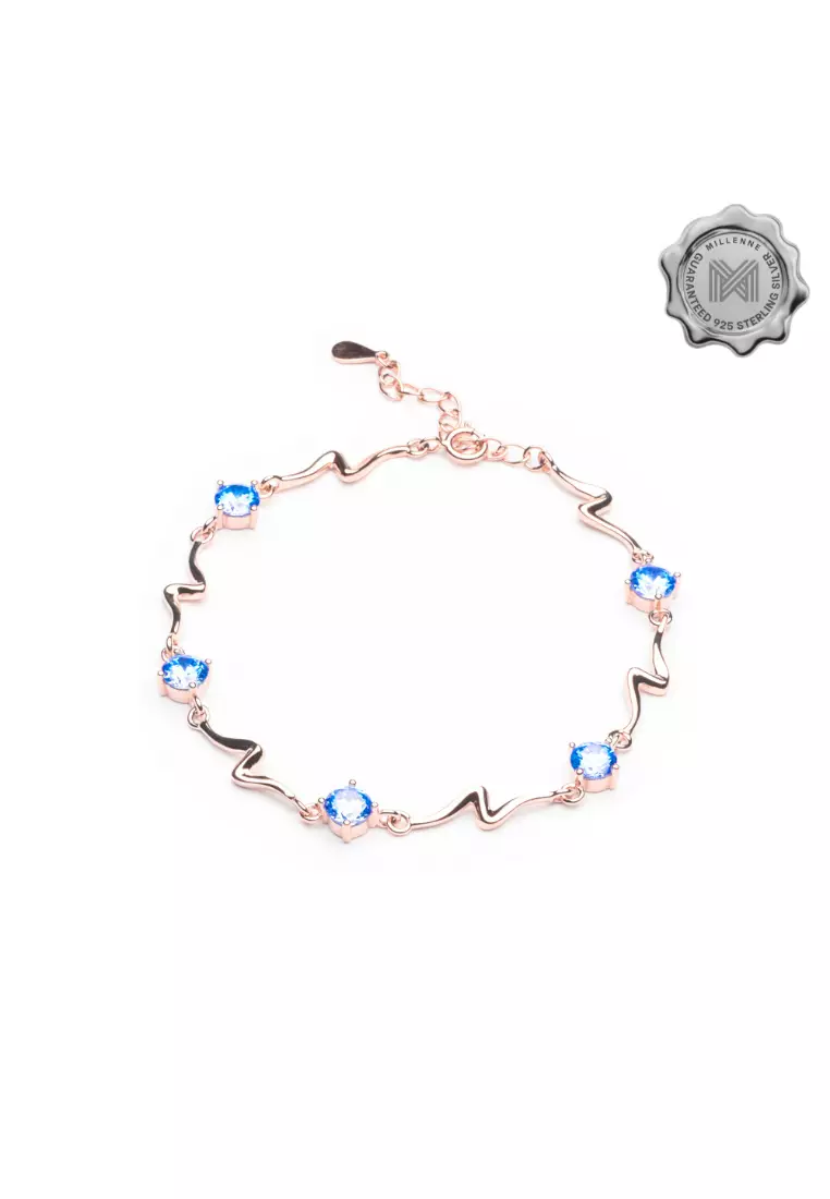 Multifaceted Blue Topaz ZigZag Rose Gold Bracelet with 925 Sterling Silver