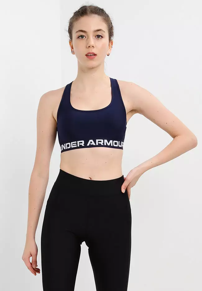 Under Armour Training Heatgear Crossback graphic sports bra in black
