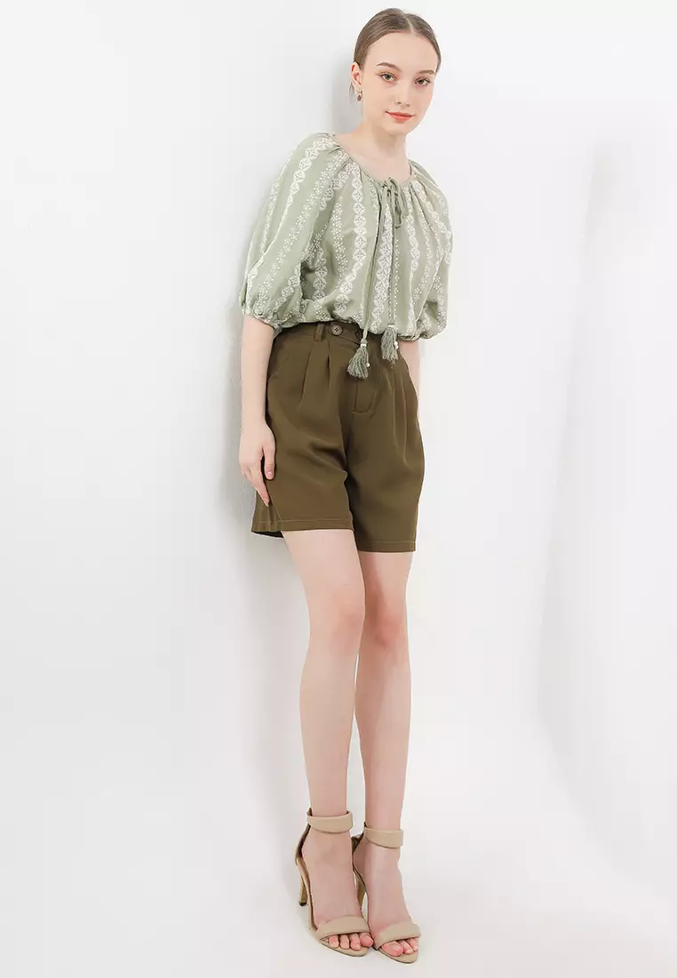 Beaded Tassels Emb Puff Sleeves Blouse