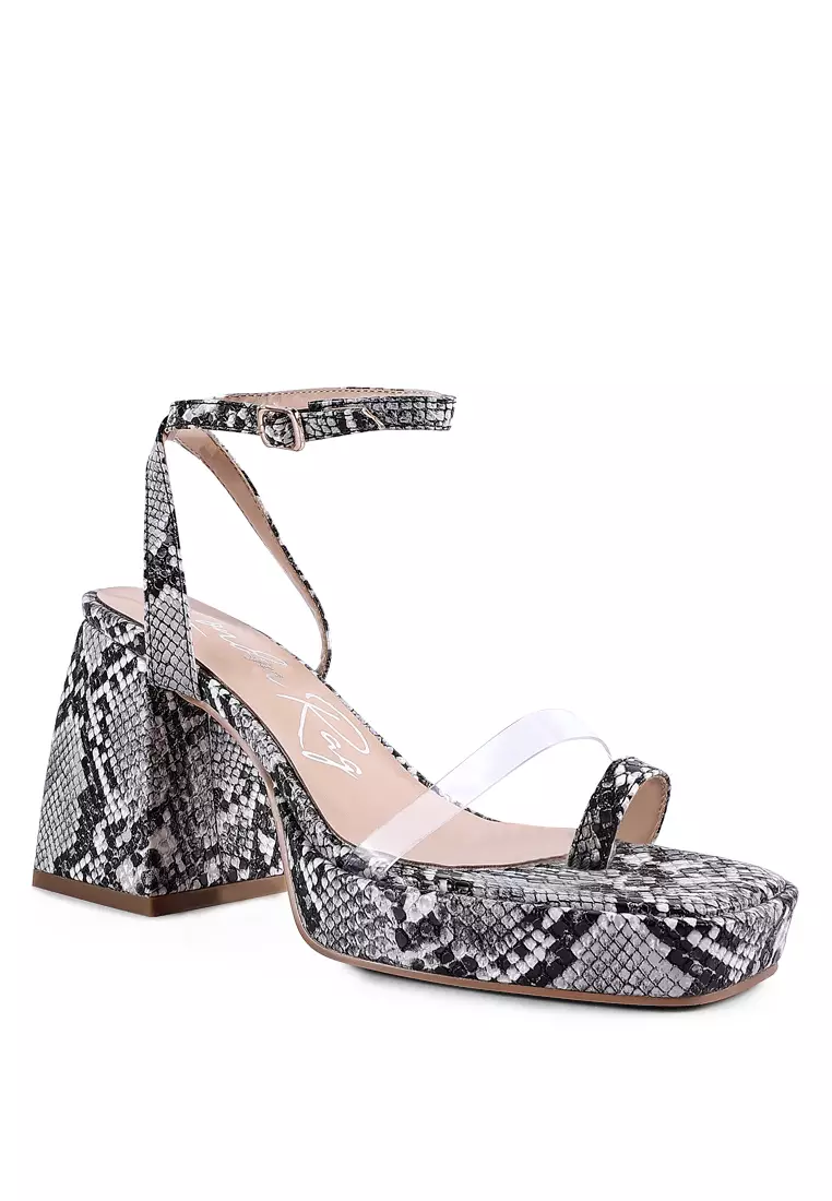 Black Snake Pattern Block Heeled Sandals