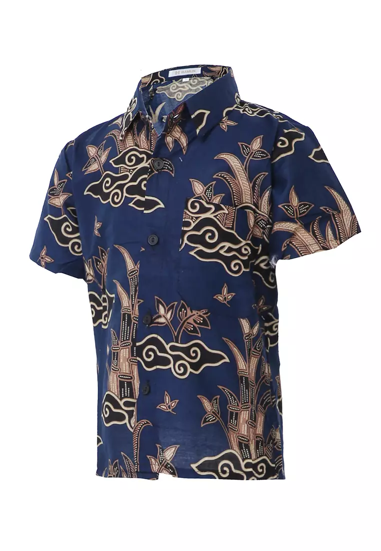 Lucas Kemeja Formal Batik Anak Laki-laki Lengan Pendek Motif Bambu Kids Traditional Shirt Material Cotton ORIGINAL - Navy