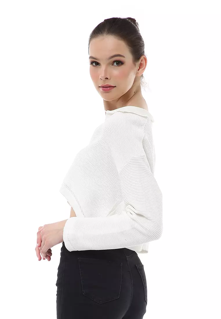 Albertine Atasan Crop Wanita Lengan Panjang Blouse Vneck Motif Polos Material Rajut ORIGINAL - White