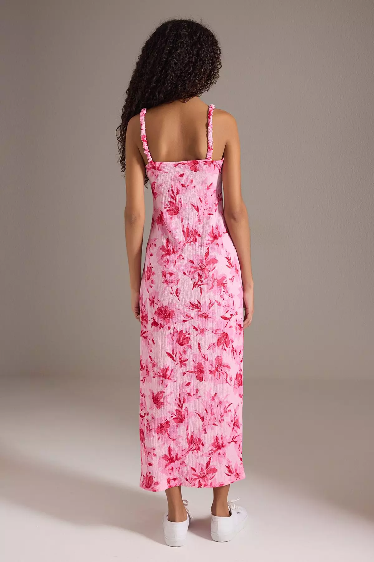 Pink Floral Printed Strappy V Neck Pleated Body-hugging Flexible Maxi Knit Dress TWOSS25EL00474