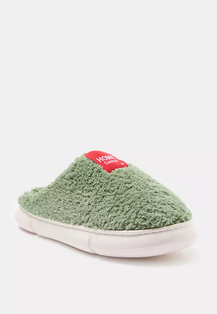 Green Plush Woven Label Detailed Women's House Slippers Takaw25Er00012