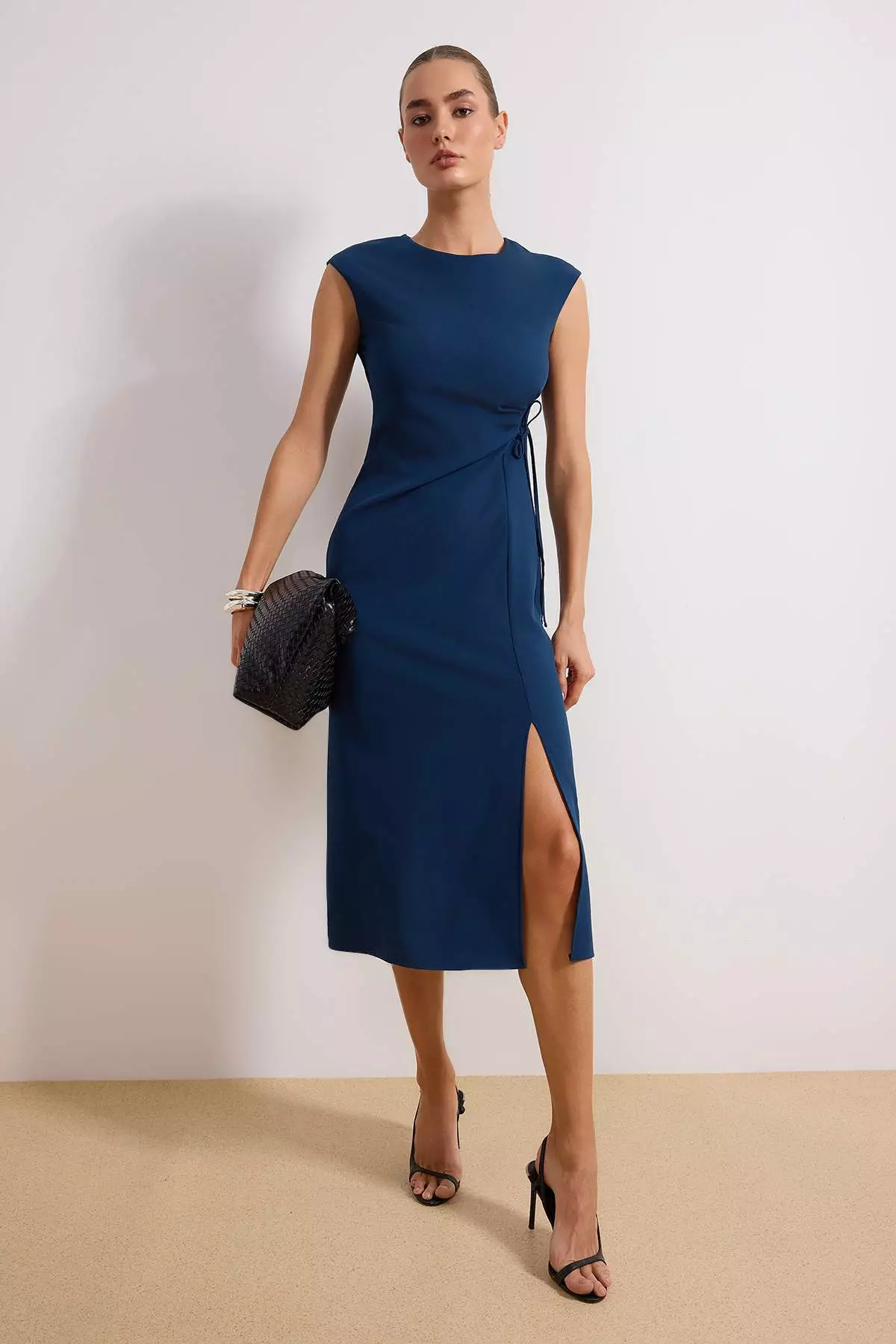 Petrol Blue Tie-Dye Detailed Midi Woven Dress Twoss26El81