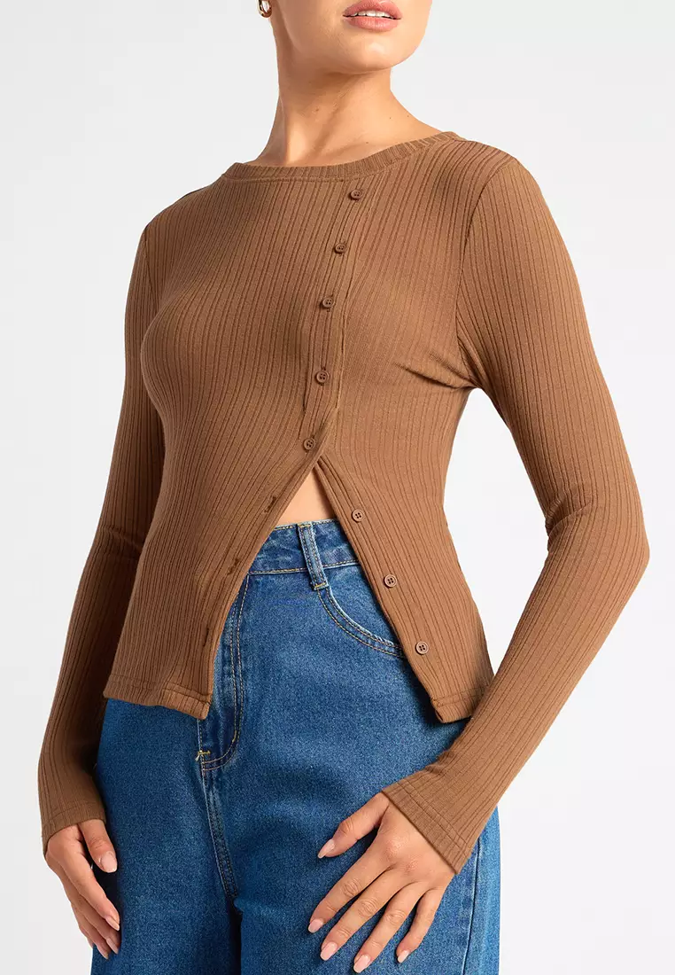 Asymmetric Button Up Long Sleeves Jersey Top
