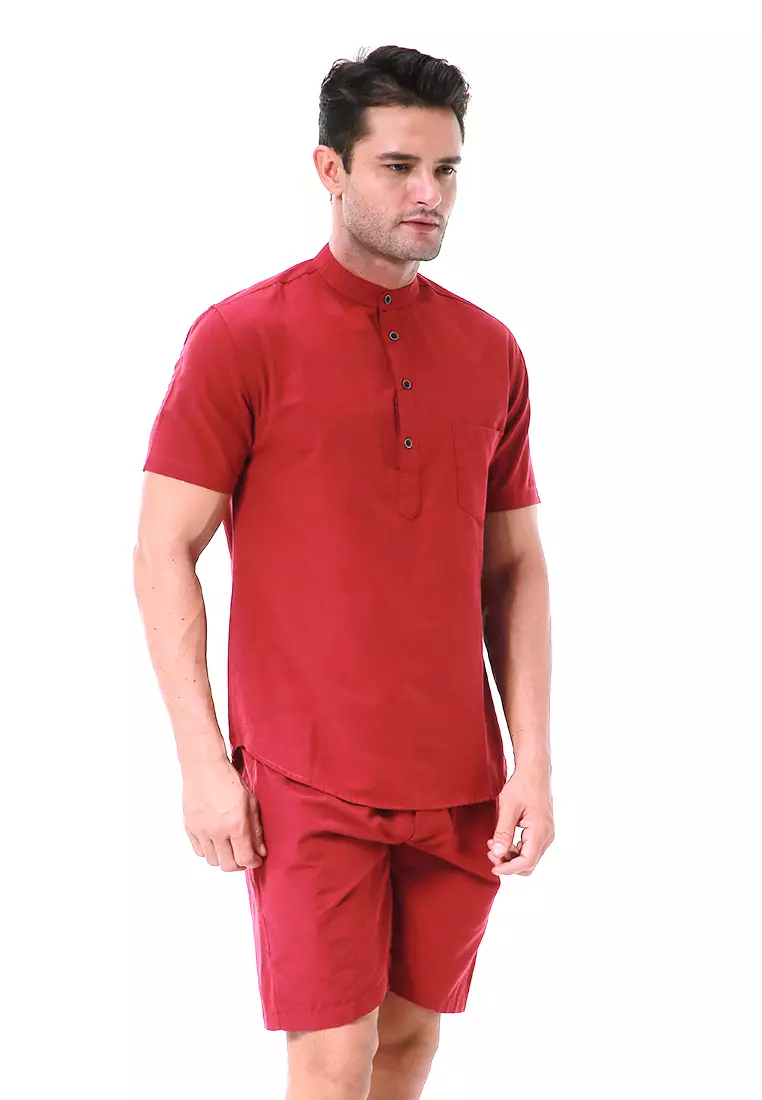 Vincent Kurta Set Pendek Motif Polos Setelan Pria Short Sleeve Material Cotton ORIGINAL - Maroon