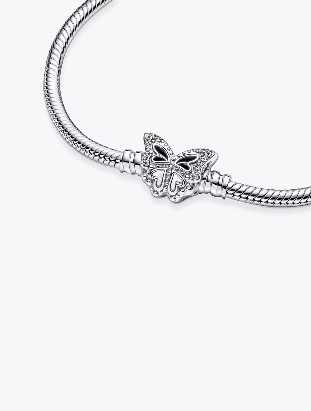 Snake chain sterling silver bracelet with butterfly clasp with clear cubic zirconia