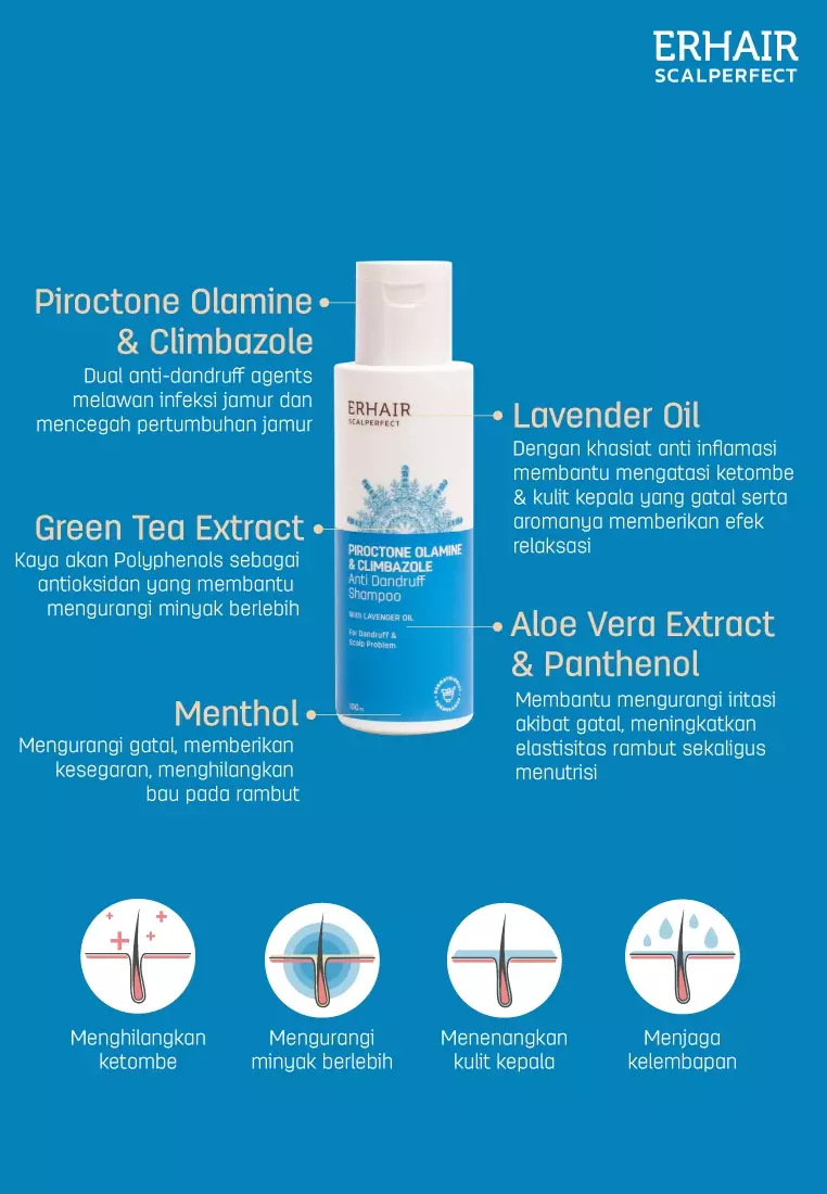 [ANTI KETOMBE] ERHAIR Scalperfect Anti Dandruff Shampoo 100ml  - Sampo Anti Ketombe & Seboroik | Membersihkan Kulit Kepala Dan Rambut | Rekomendasi Ahli Dermatologi