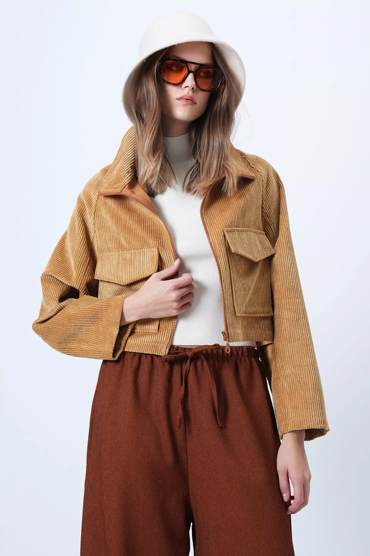Mustard Double Pocket Raglan Sleeve Velvet Jacket Alc-X14604