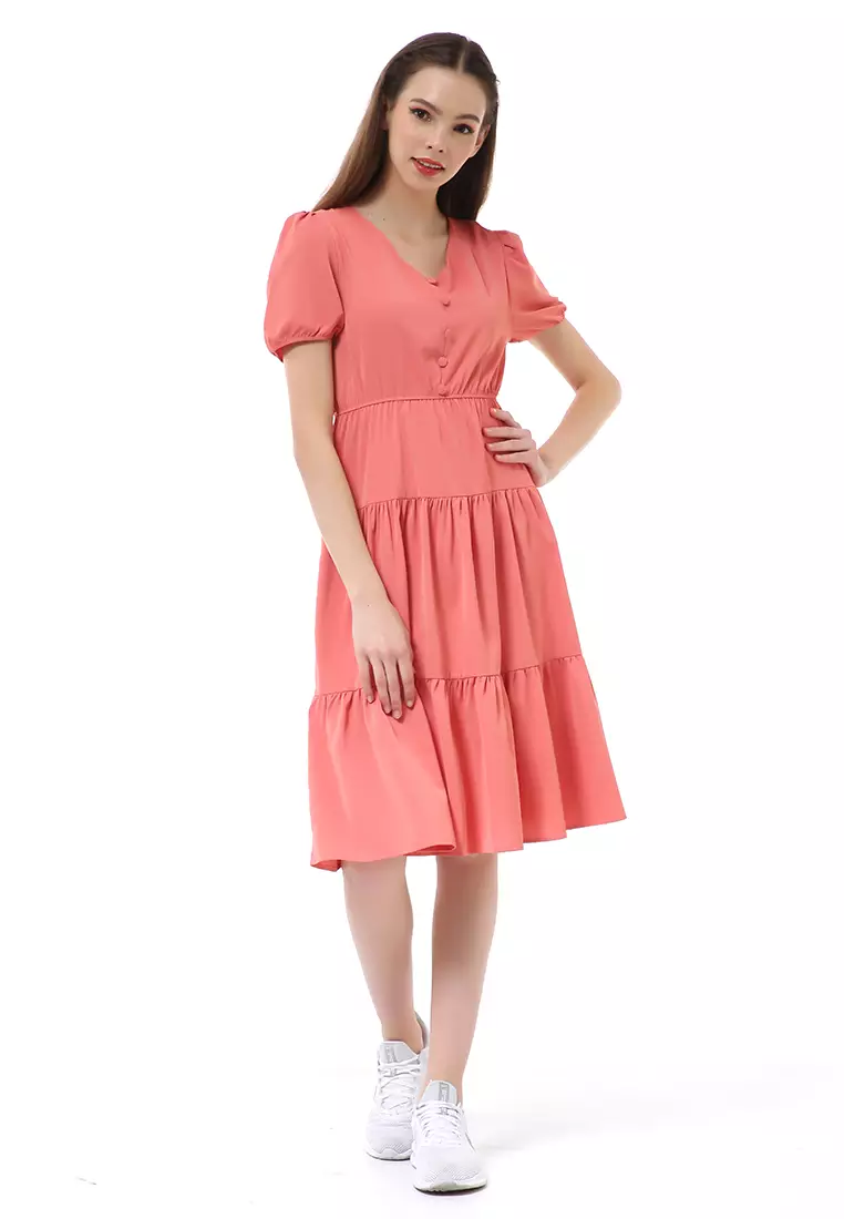 Rachel Ruffle Dress Wanita Lengan Pendek Motif Polos Material Ployester ORIGINAL - Orange