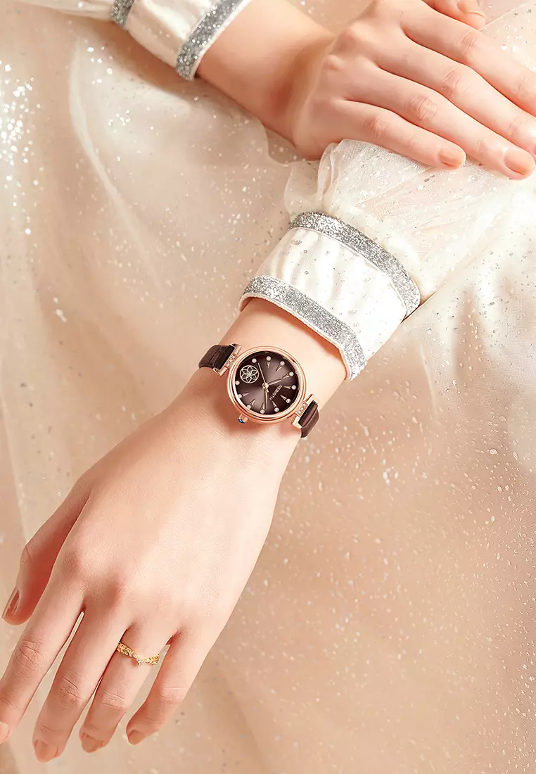 Jam Tangan Wanita Berlian Anggun Anti Air Kuarsa Tali Kulit Gaya Korea Jam Tangan Cewek warna cokelat