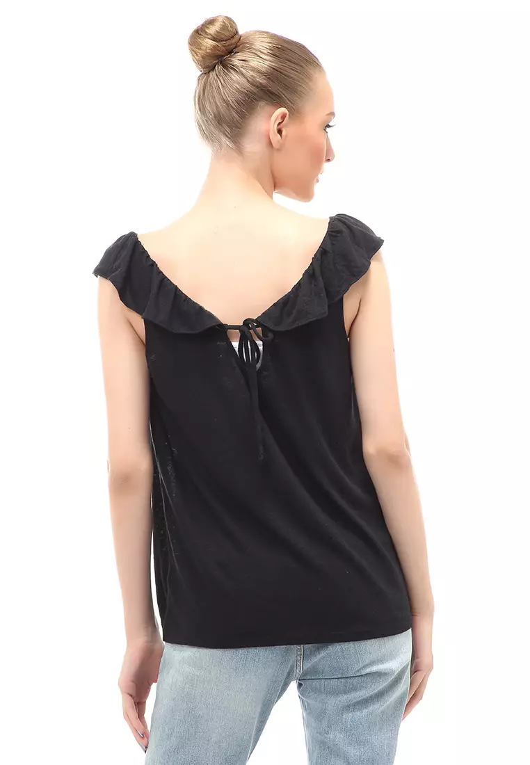 Baju Atasan Ruffled Linen Blend Jersey Wanita Relaxed Fit - Black