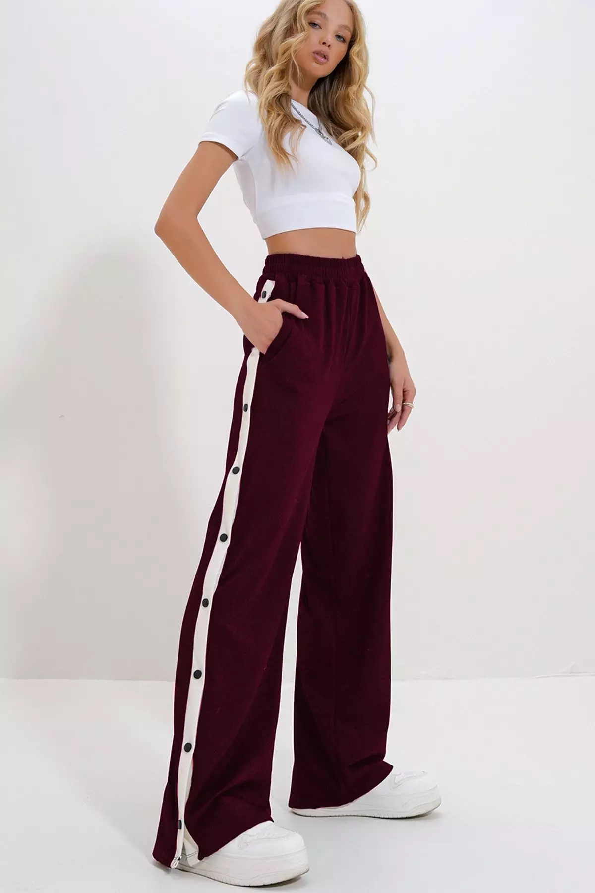 Women's Burgundy Double Pocket Elastic Side Stripe Wide Leg Pants