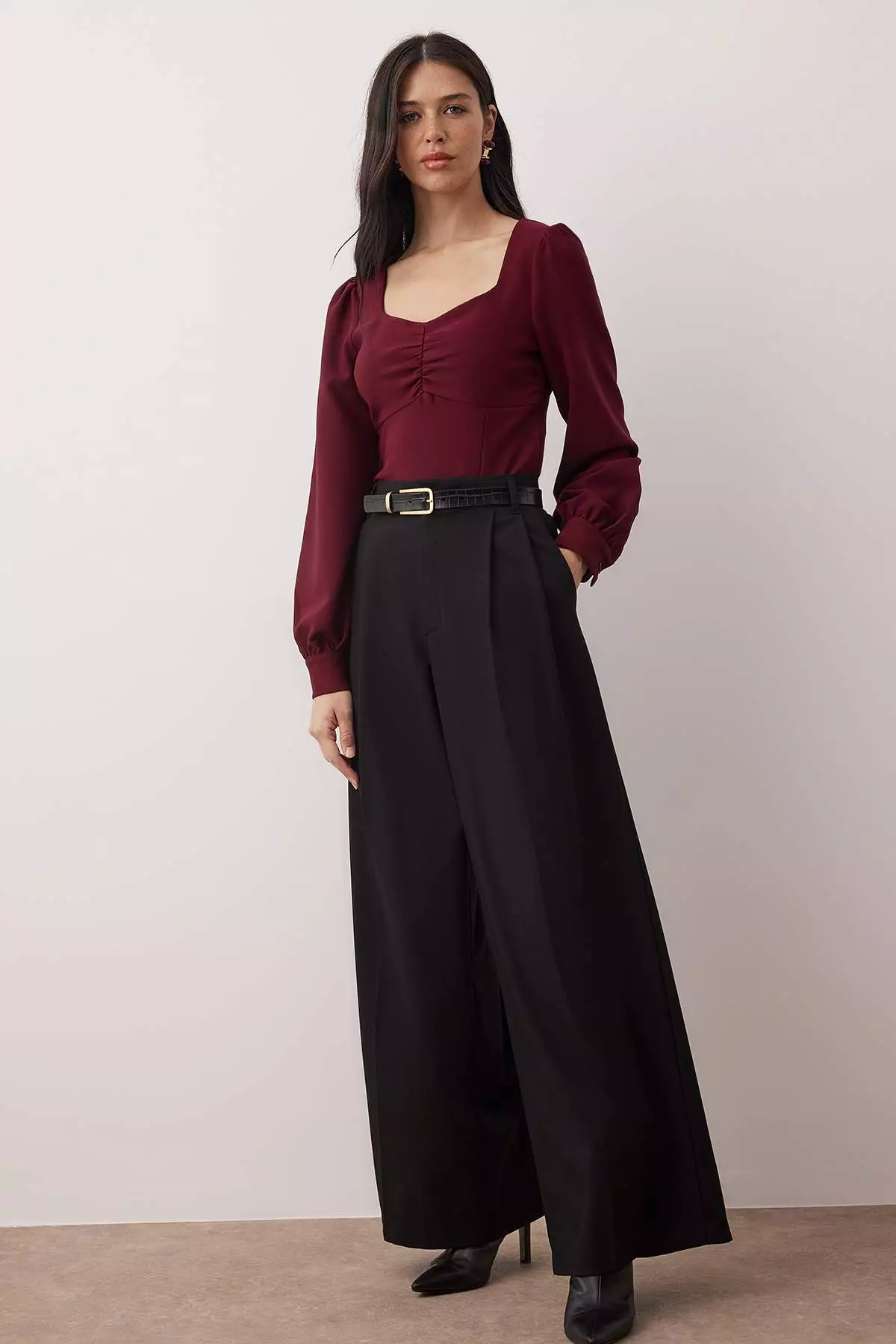 Burgundy Shirred Detailed Woven Blouse Twoaw23Bz633