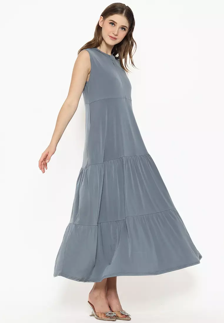 JV Hasanah Sheilla Ruffle Sleeveless Jersey Dress Grey | Gamis Kensy Susun Jersey