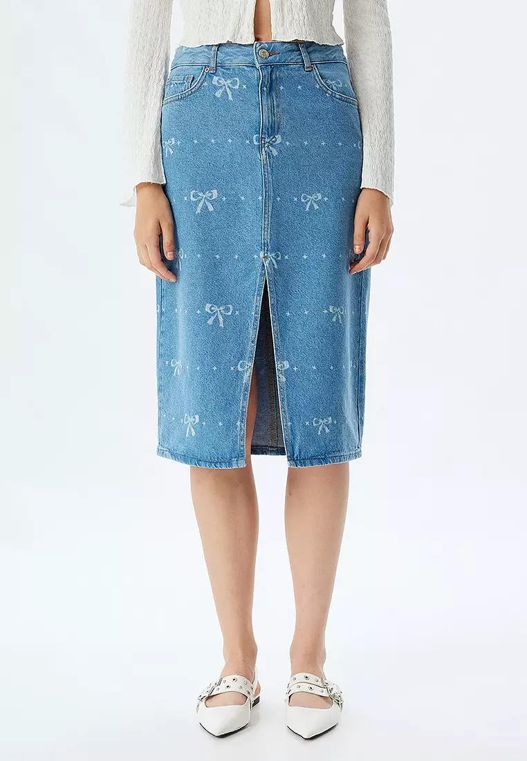 Midi Denim Skirt High Waist Slit Detail Bow Pattern Buttoned
