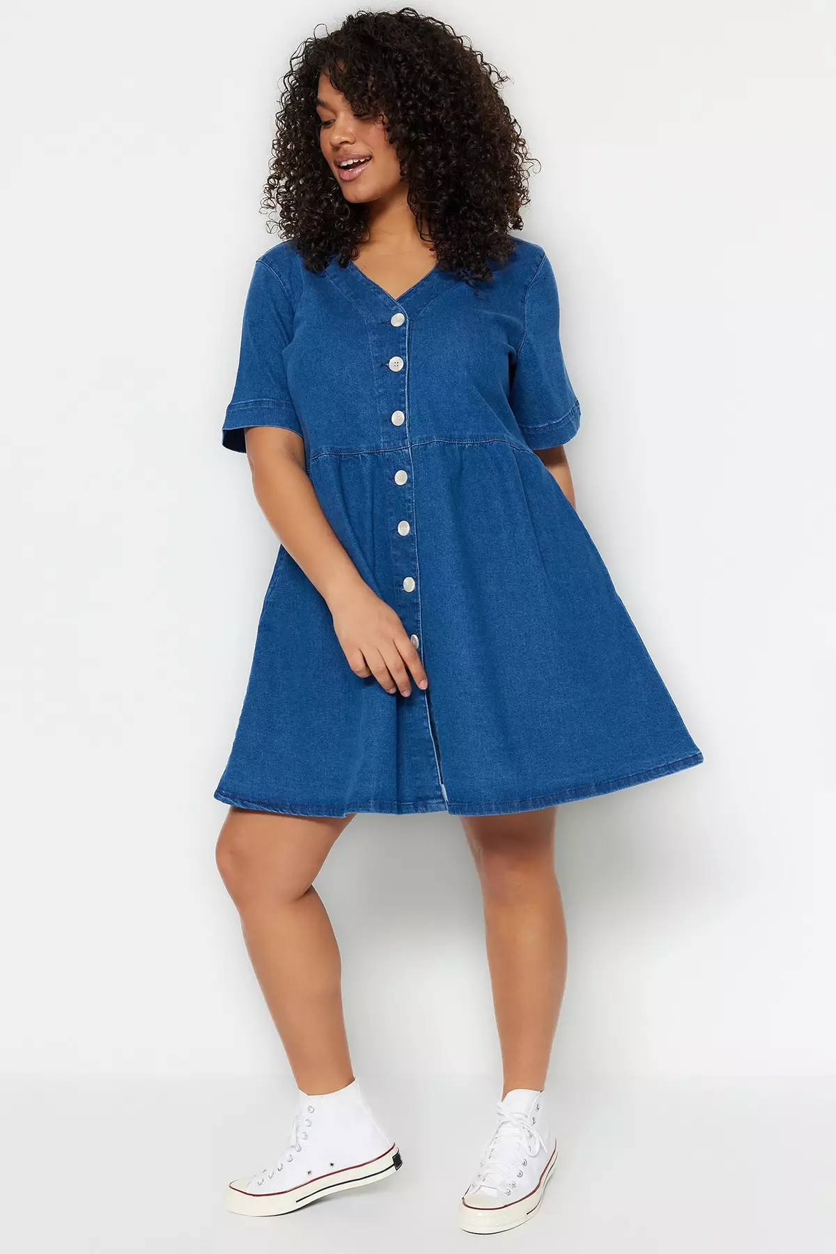 Plus Size V-Neck Denim Mini Dress