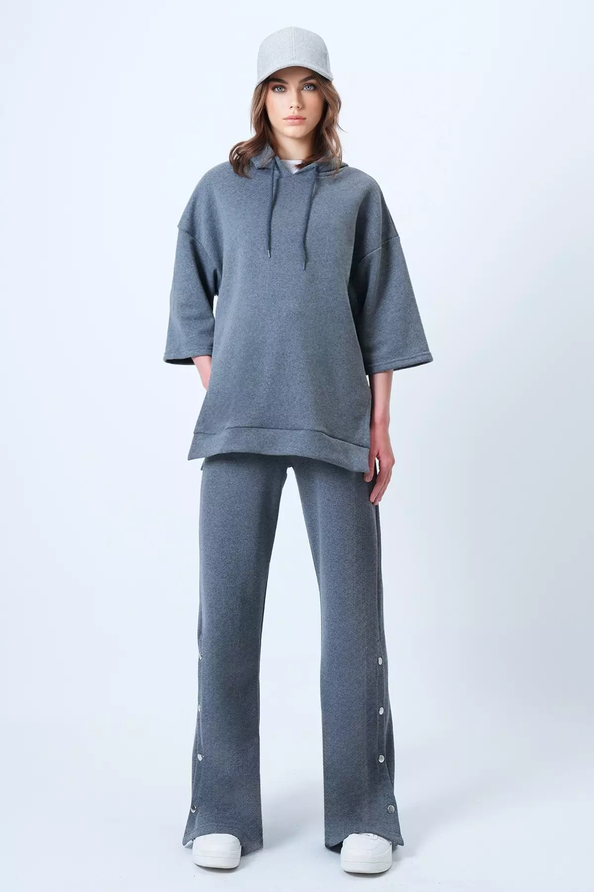 Women'S Anthracite Hooded Sweatshirt With Side Slits And Wide Leg Pants Set Alc-X14607