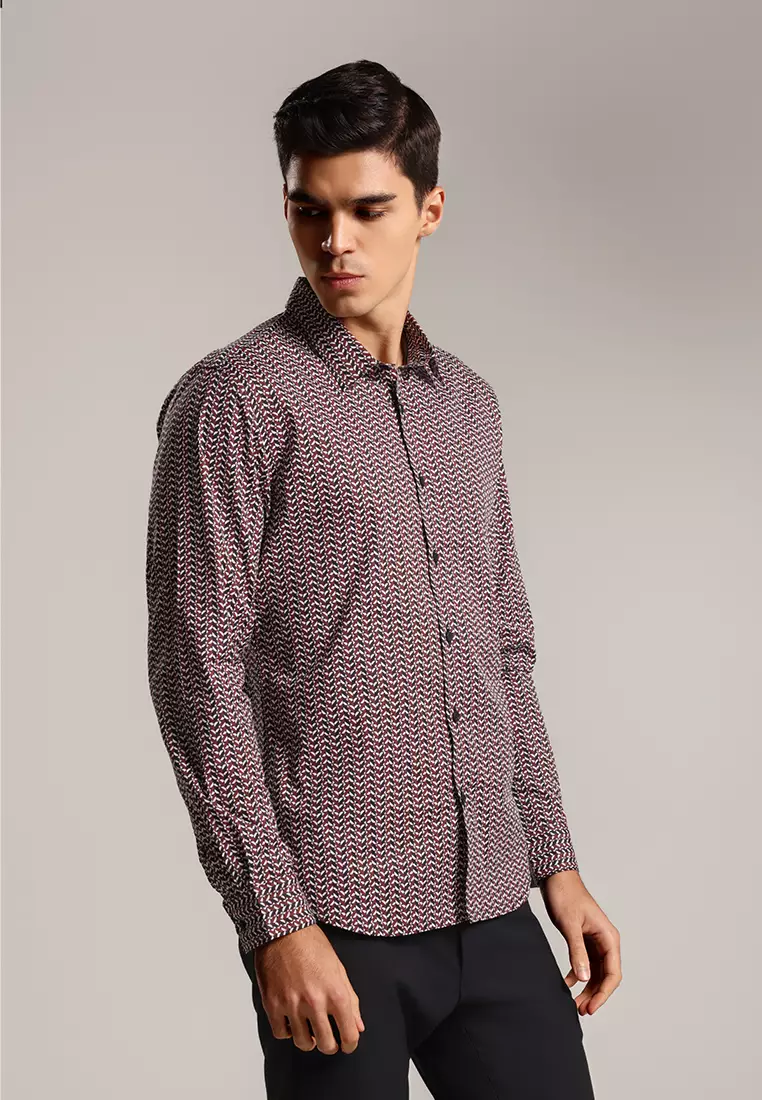 MOC - Kemeja Motif Lengan Panjang Pria Gheo - Maroon