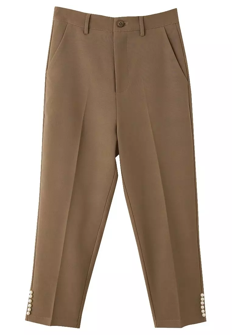 純色燙印線珍珠飾窄管八分褲《BA7365》