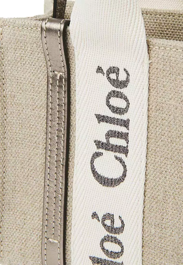 Buy Chloé Mini Woody Tote Bag In Linen And Leather Shiny
