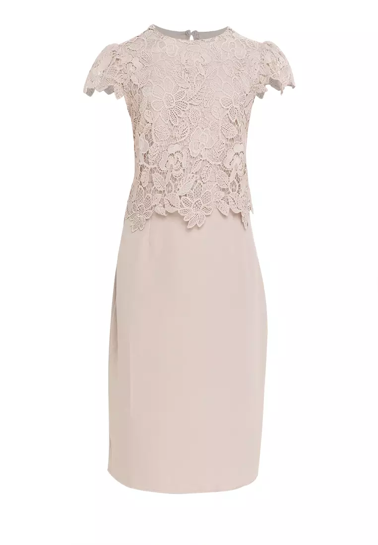 knee length dresses for ladies Floral Lace Twofer Midi Dress (Pink/White) main image 0