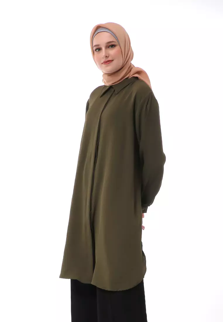 Azzahra Tunik Panjang Muslimah Wanita Long Sleeve Regular Fit Premium High Quality - Army